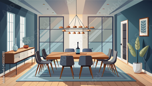 Very beautiful modern dining room featuring a warm wooden table paired with sleek black chairs, a minimalistic chandelier overhead, and a light gray wall providing a clean, elegant, and contemporary 