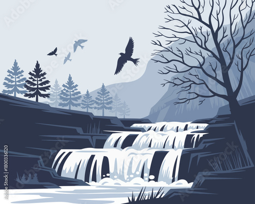 Stylized illustration of a majestic multi-tiered waterfall flowing through a serene forest landscape with soaring birds