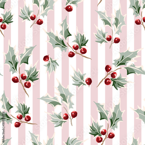 Christmas seamless pattern, holly twigs with red berries, striped background. Vector illustration. Nature design. Season greeting. Winter xmas holidays