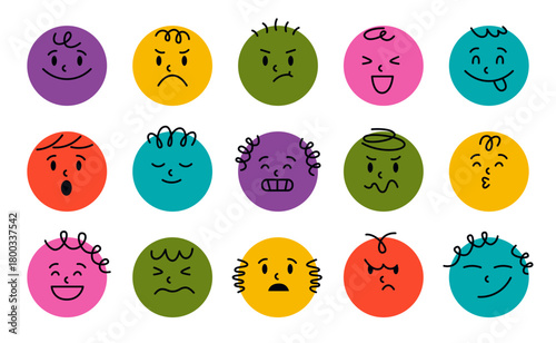 Set of Doodle Round Faces with Different Emotions.