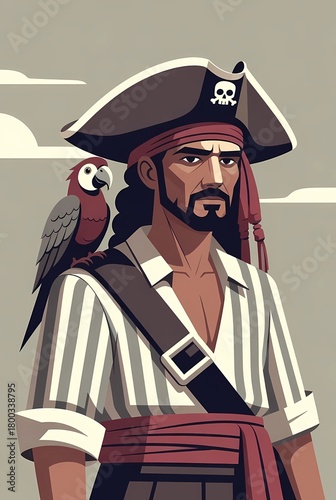 Illustration of a pirate with a beard and a parrot on his shoulder