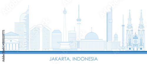 Outline Skyline panorama of city of Jakarta, Indonesia - vector illustration