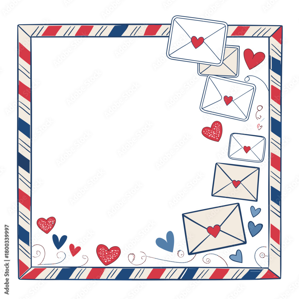 Obraz premium Letter-themed frame with hearts and envelopes in red, blue, and white colors for romantic occasions with copy space