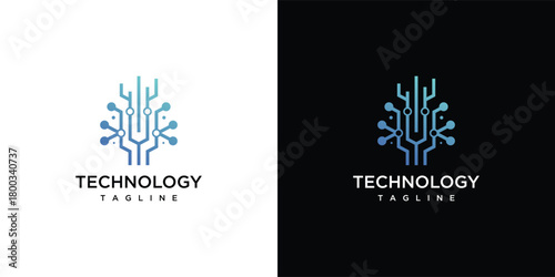 Tree technology logo design template. Digital technology tree logo design inspiration.