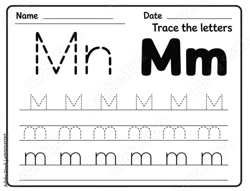Alphabet letters tracing worksheet, preschool learning activity, letter M m practice, handwriting development, tracing practice page, early literacy skills, kids’ educational worksheet, writing improv