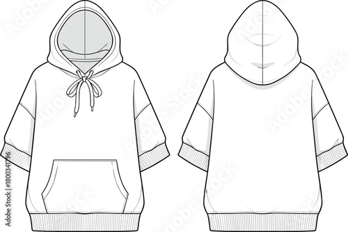 Short-sleeve hooded sweatshirt technical sketch, front and back view, kangaroo pocket, drawstring hood, ribbed hem, vector illustration
