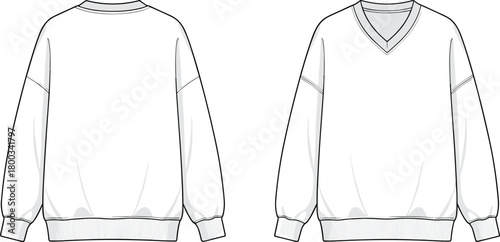 Sweatshirt technical sketch, front and back view, crew neck and V-neck design, ribbed cuffs and hem, flat vector illustration