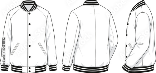 Varsity jacket technical sketch, front, back, side view, striped ribbed trim, button closure, slanted pockets, flat vector illustration