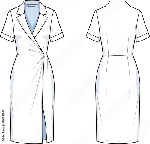 Wrap dress technical sketch, front and back view, notched lapel collar, cuffed sleeves, waist tie, flat vector illustration