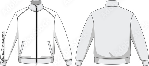 Jacket technical sketch, fashion flat drawing, front and back view, zipper closure, high collar, ribbed cuffs, apparel template, flat vector illustration