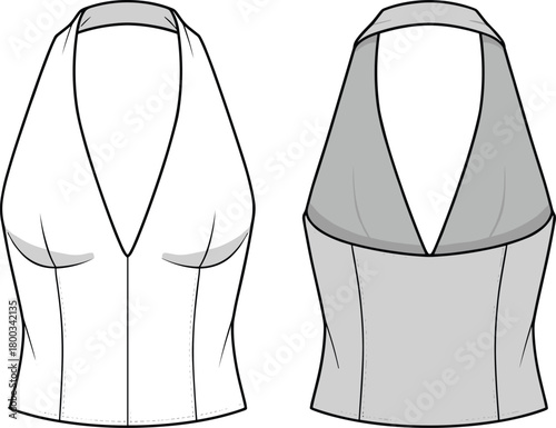 Halter top technical sketch, front and back view, deep V-neckline, princess seams, fitted silhouette, flat vector illustration