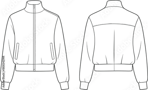 Jacket technical sketch, fashion flat drawing, front and back view, zipper closure, high collar, ribbed hem, garment construction, flat vector illustration