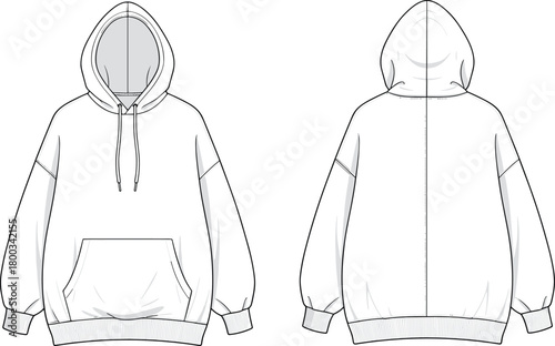 Hooded sweatshirt technical sketch, front and back view, drawstring hood, kangaroo pocket, ribbed cuffs and hem, flat vector illustration