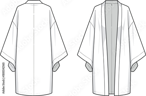 Kimono jacket sketch, fashion flat drawing, front and back view, wide sleeves, open front, layering garment, flat vector illustration