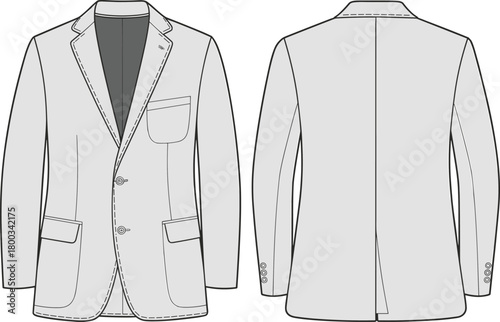 Men’s blazer sketch, fashion flat drawing, front and back view, notched lapel, button closure, tailoring template, flat vector illustration
