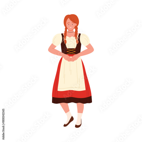 Young woman wearing classic German dirndl costume standing isolated on white background vector illustration