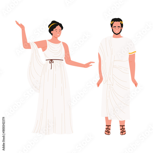 Isolated ancient Greek man and woman wearing traditional white toga and dress on white background vector illustration