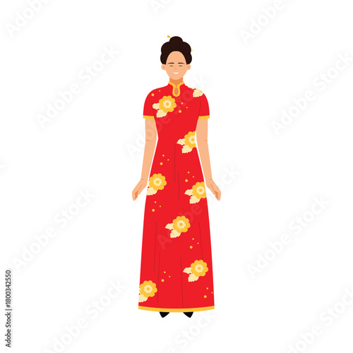 Isolated woman wearing red floral cheongsam dress representing Hong Kong culture vector illustration