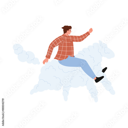 Young man rides a horse-shaped cloud symbolizing fantasy and creativity on an isolated background vector illustration