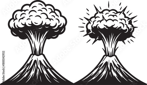 Retro-style erupting volcanoes vector art, two powerful volcanic explosions with smoke and ash, nature's raw force concept