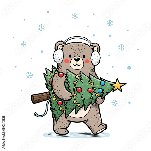 Cute cartoon bear character wearing earmuffs and carrying a decorated Christmas tree in the snow.