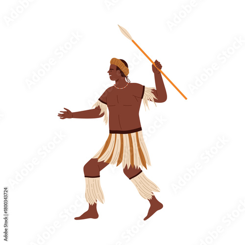 African tribal man in traditional attire holding a spear, isolated on white background vector illustration