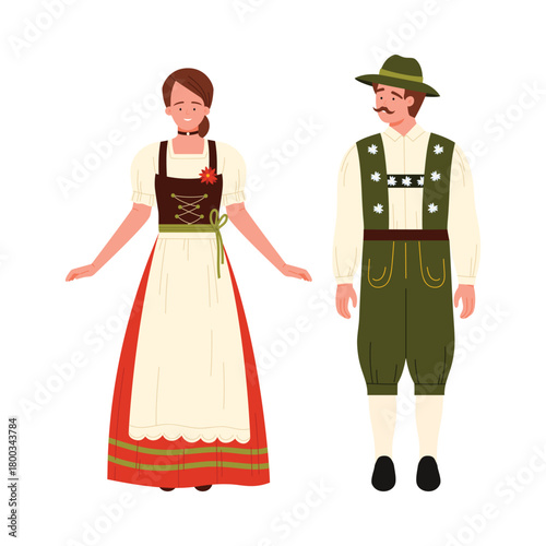 Isolated Austrian man and woman wearing classic national folk costumes on white background vector illustration