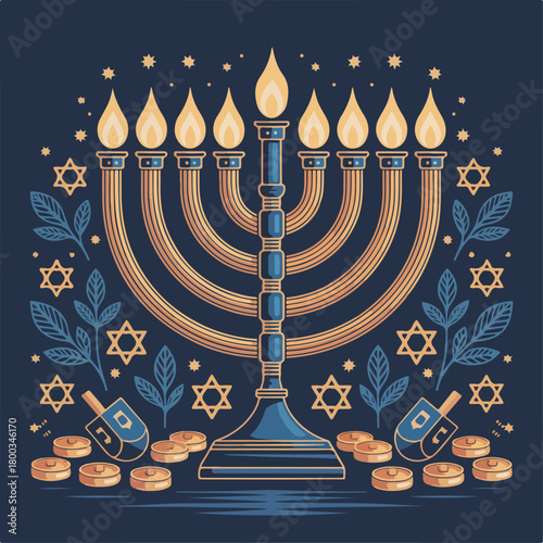 Hanukkah menorah with nine glowing candles, Stars of David, dreidels and gelt coins, festive Jewish holiday vector illustration on dark blue night sky