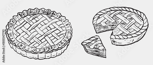 Hand drawn lattice pies with fluted and braided crusts, pie slices showing layered filling. Tasty bakery product, apple, pumpkin pie. Vector sketch illustration in vintage crayon charcoal style.