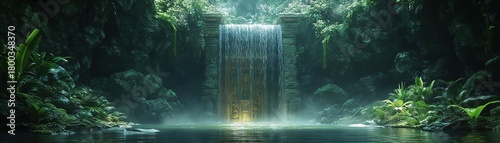 Ancient stone gate hidden behind waterfall flows in jungle surrounded by green plants png transparent isolated