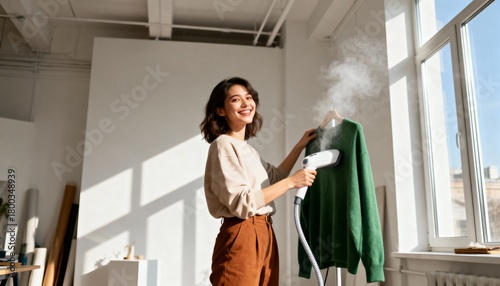 Happy young woman steaming a green sweater with a portable garment steamer. Domestic clothes care and household chores in a sunlit home. Modern lifestyle concept