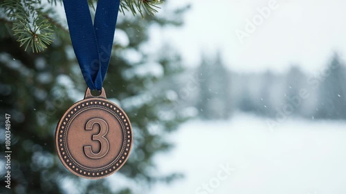 A close-up view of a bronze third-place medal with a dark blue ribbon, suspended from a snowy evergreen branch against a softly blurred winter background with falling flakes.