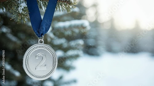 A gleaming silver second-place medal with the number two prominently displayed hangs from a vibrant blue ribbon on a snow-covered evergreen branch, set against a softly blurred winter backdrop.