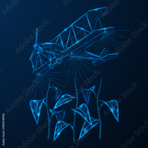 Aerial treatment of plants. An agricultural aircraft that sprays reagents over plants. Low-poly design of interconnected lines and dots, blue background.
