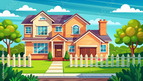 Very beautiful suburban house set behind a neat fence, featuring a well-maintained green lawn in the foreground, tidy landscaping, and a peaceful residential atmosphere ideal for real-estate or lifest