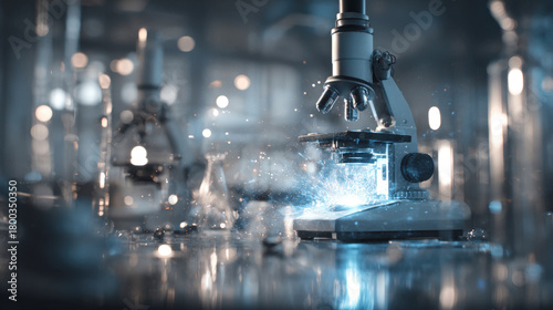scientific microscope on a reflective lab bench, emitting bright, blue-white light and sparks of energy from its stage, evoking high-tech research, innovation, and scientific breakthrough.