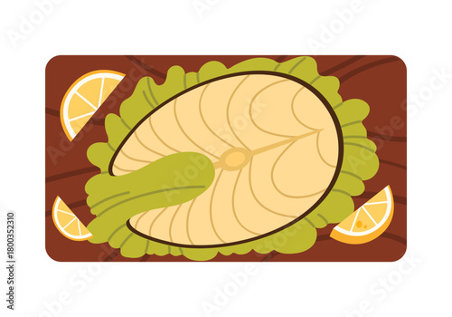 Top view of Norwegian salmon steak with lemon slices and lettuce on wooden board vector illustration