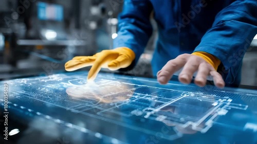 Engineer adjusting digital template on touch screen interface to customize cutting patterns demonstrating innovative technology in fabrication processes.