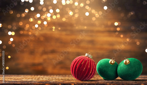 Beautiful Christmas baubles on rustic wooden background