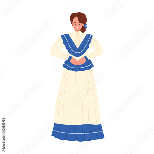 Smiling woman in traditional Argentina folk dress with blue accents on white isolated vector illustration