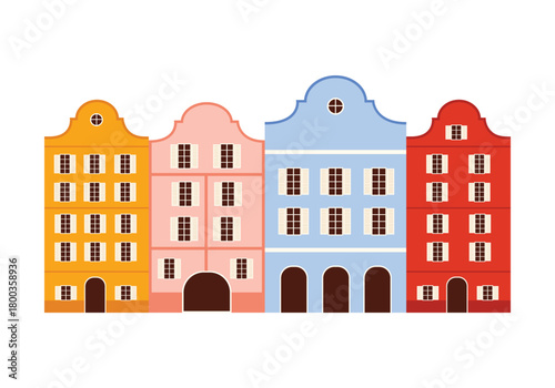 Four colorful Austrian townhouses with classic facades and windows, isolated on white vector illustration