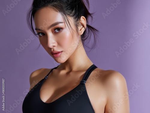 Woman in black sports top gazes confidently at the camera, with hair tied back. Her skin glows subtly under the lighting, emphasizing her sharp features and poised expression