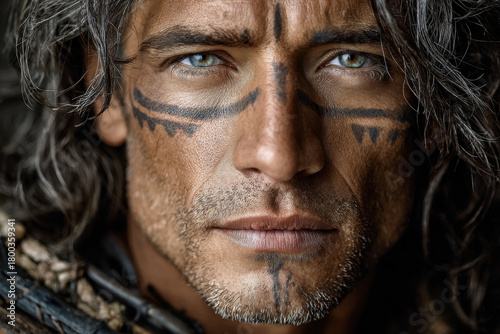 Intense warrior or hunter gaze with tribal face paint and long hair, ancient man closeup