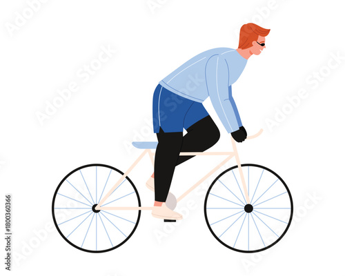 Active young man riding bicycle in sporty clothing on white isolated background vector illustration