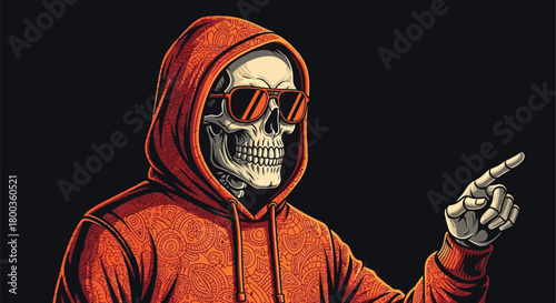 Stylish skeleton with sunglasses and a hoodie pointing towards something