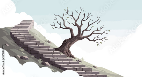 Stone stairway leading upward to a tree on a hillside illustration