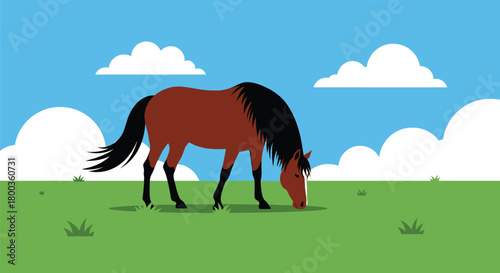 A Brown Horse Grazing Peacefully on a Green Meadow under a Cloudy Sky