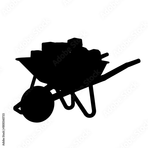 Silhouette of Wheelbarrow Full of Bricks, Construction Tools and Building Equipment on White Background