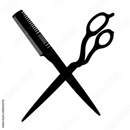 Silhouette of scissors and comb in X shape, hairdressing tools and salon symbol for styling and grooming concepts