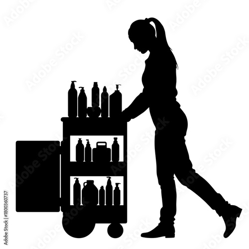 Silhouette of stylist with rolling cart of haircare products, organization and salon preparation in beauty industry